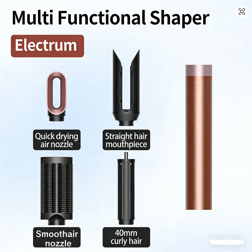 6-in-1 bronze ionic hair styler set with drying nozzle, straightening brush, and curling barrel for salon styling.