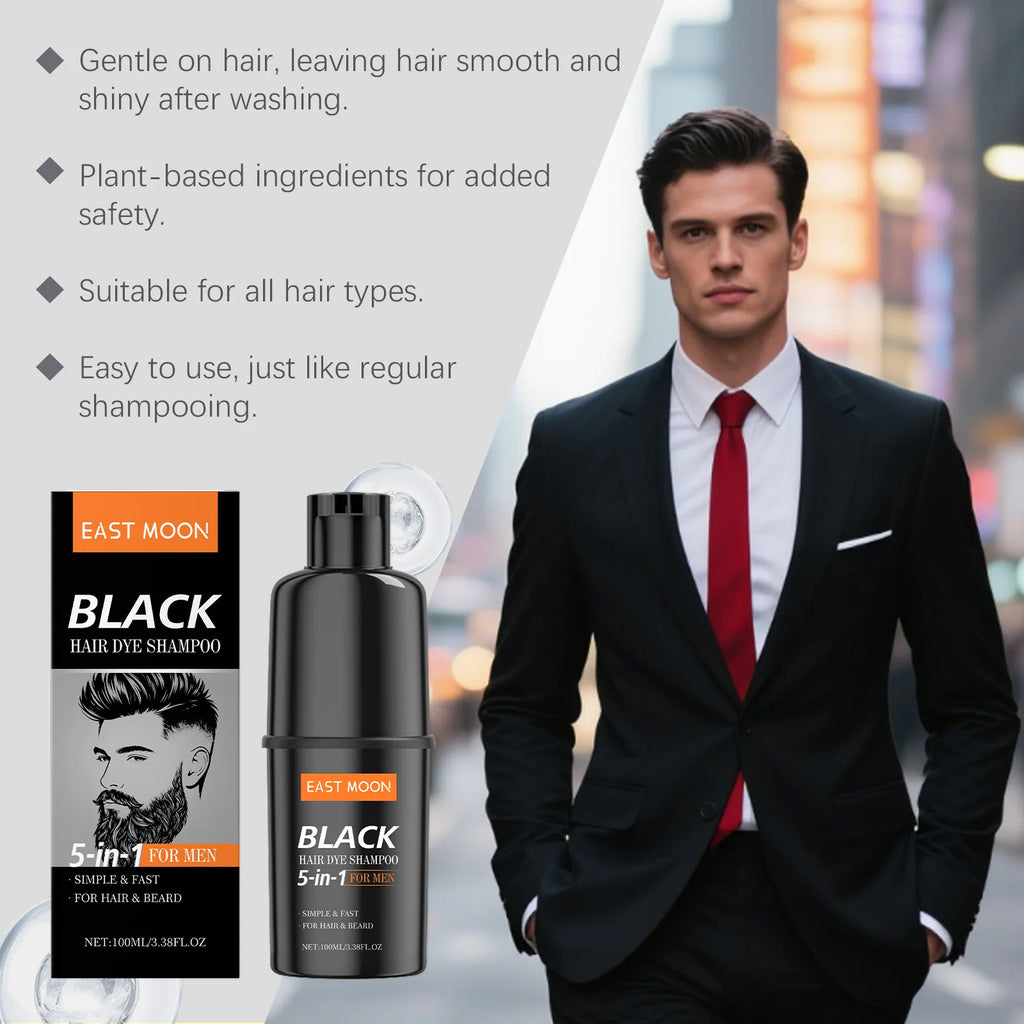 East Moon Men's Black Hair Dye Shampoo Fast Coloring Removal White Gray Hair Long Lasting Nourishing Natural Beard Dye Shampoo