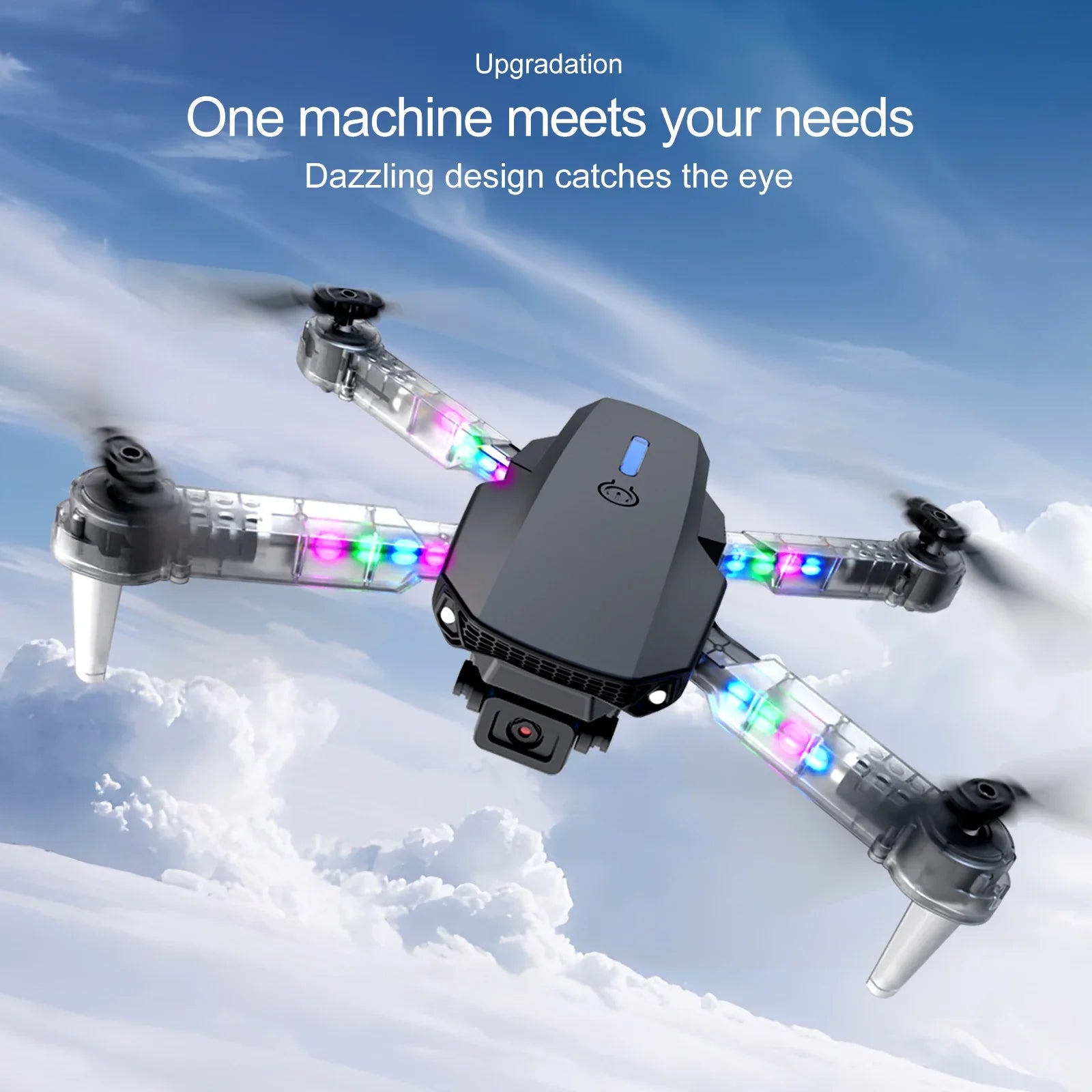 Black camera drone with clear, multicolored LED-lit rotor arms flying against a cloudy sky for aerial photography.