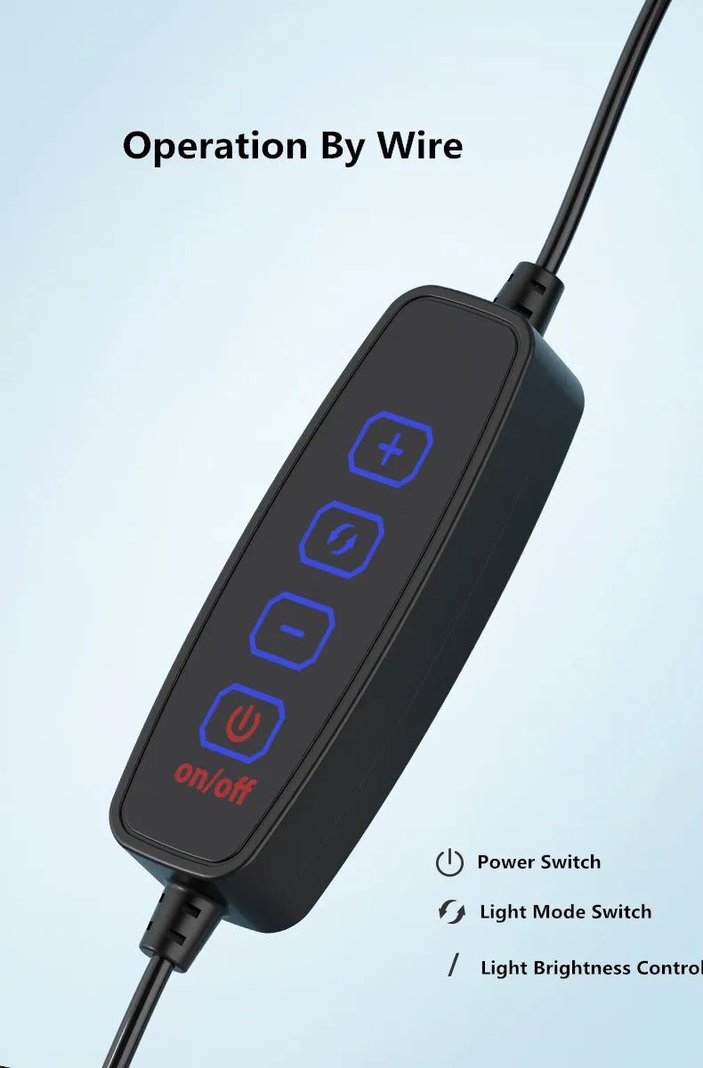 Black rectangular inline remote with four illuminated buttons to control power, light modes, and brightness.