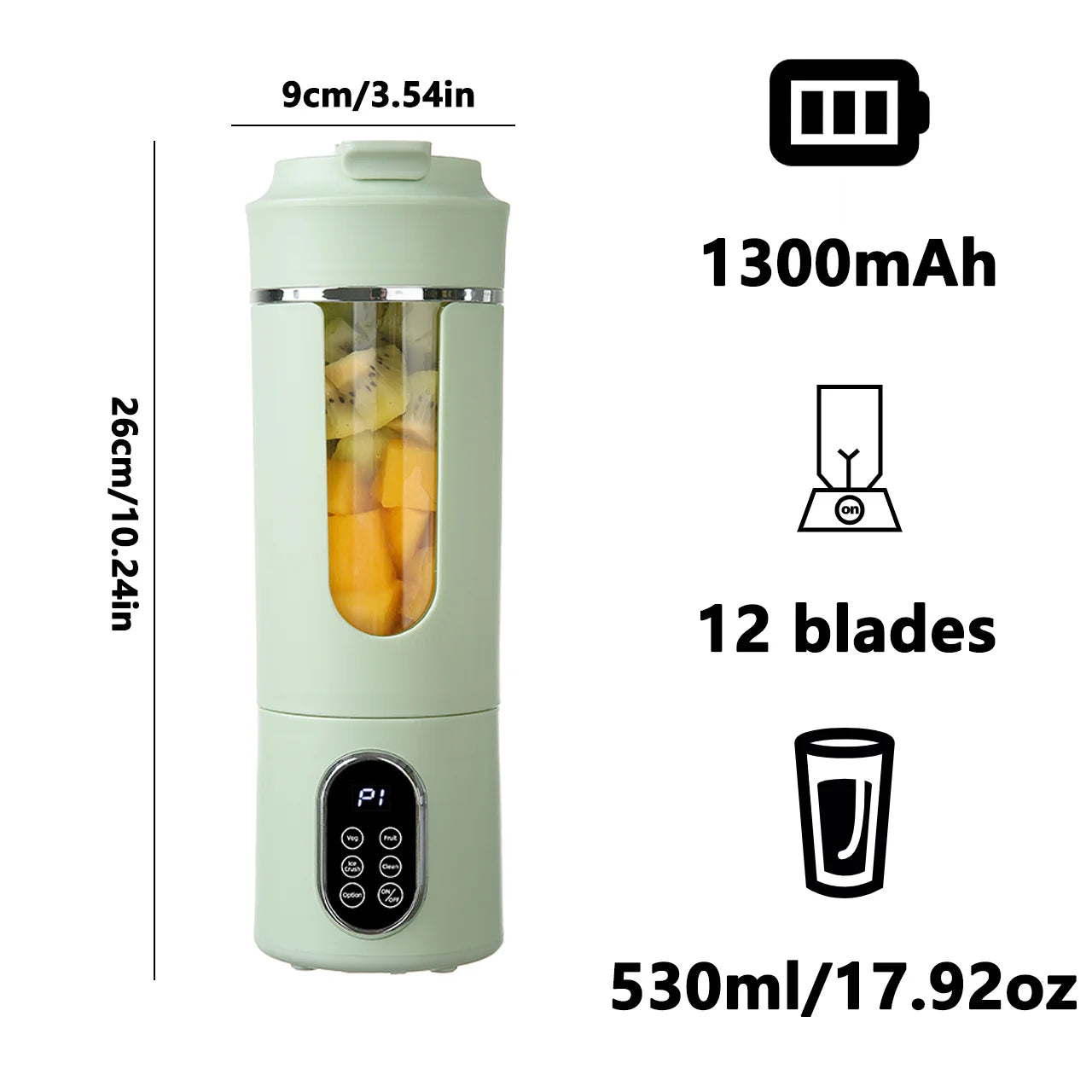 Green wireless portable blender, 530ml, 12 blades, 1300mAh battery