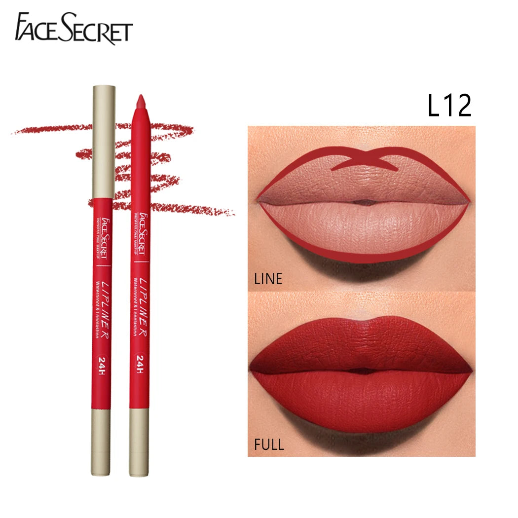 Face Secret red waterproof velvet matte lip liner pencil showing line and full lip application techniques.