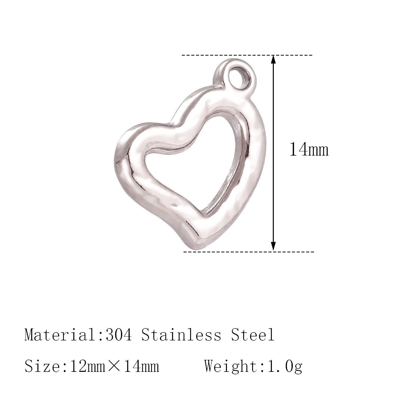 Small heart-shaped 304 stainless steel pendant for DIY pet jewelry, 12x14mm silver charm for necklace or bracelet.