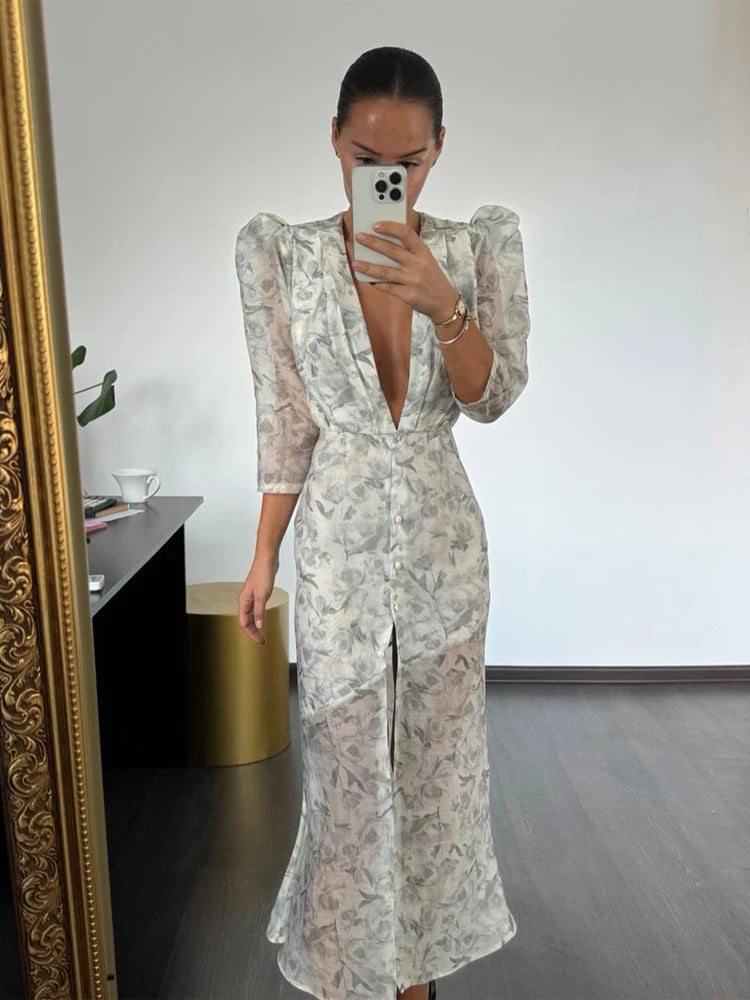 Fashion Sexy Organza Floral Printed Maxi Dress V-neck Puff Sleeve 2026 New Summer Romantic Women Party Gown Elegant Lady Vestido