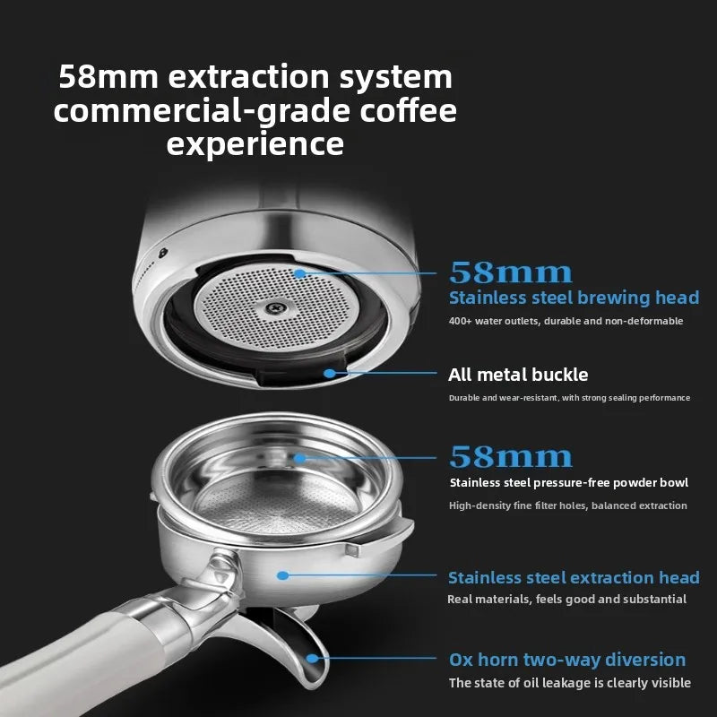 58mm stainless steel espresso machine brewing head and portafilter with metal buckle and two-way diversion spout.