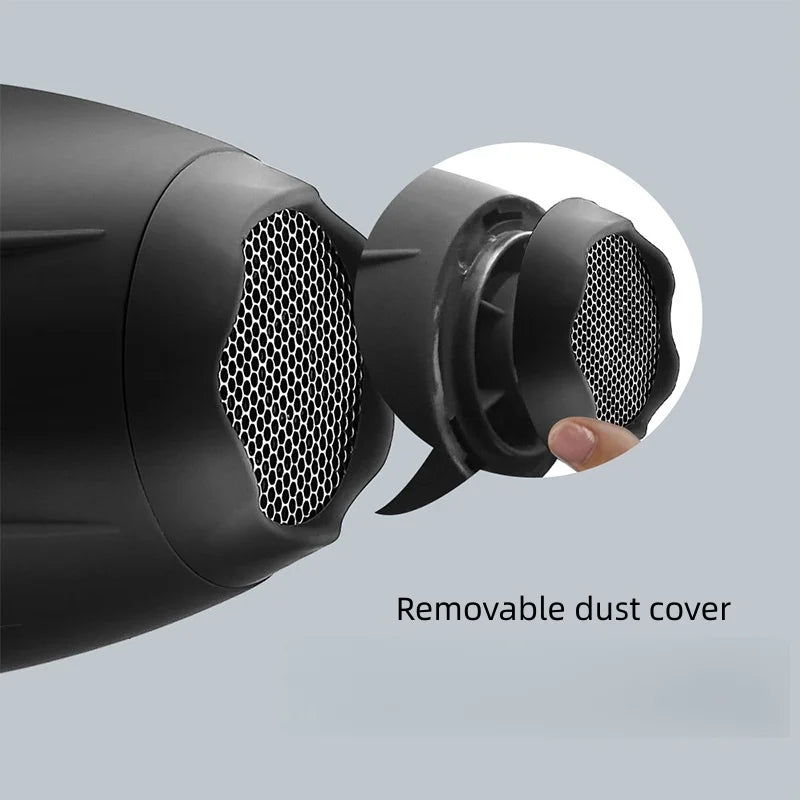 Black X6 professional hair dryer with removable magnetic mesh dust cover for easy cleaning and maintenance.