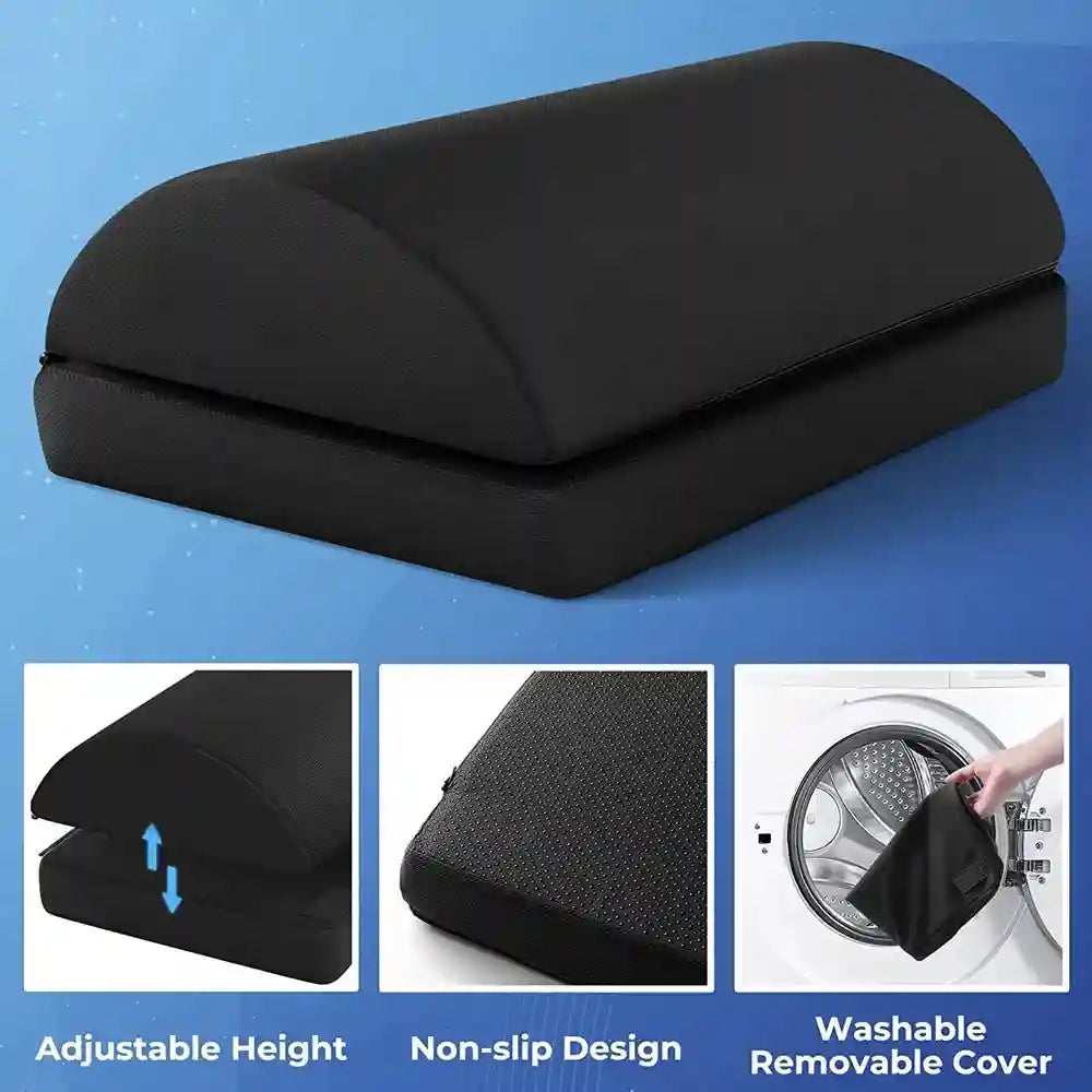Black memory foam under desk foot rest with adjustable height, non-slip base, and washable removable cover.