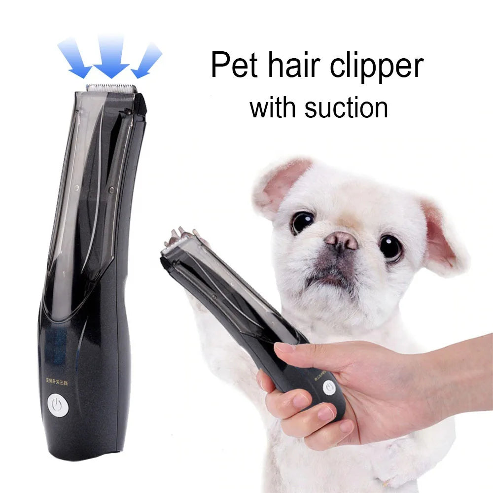 Rechargeable black pet hair clipper with suction for easy, mess-free dog and cat grooming at home.
