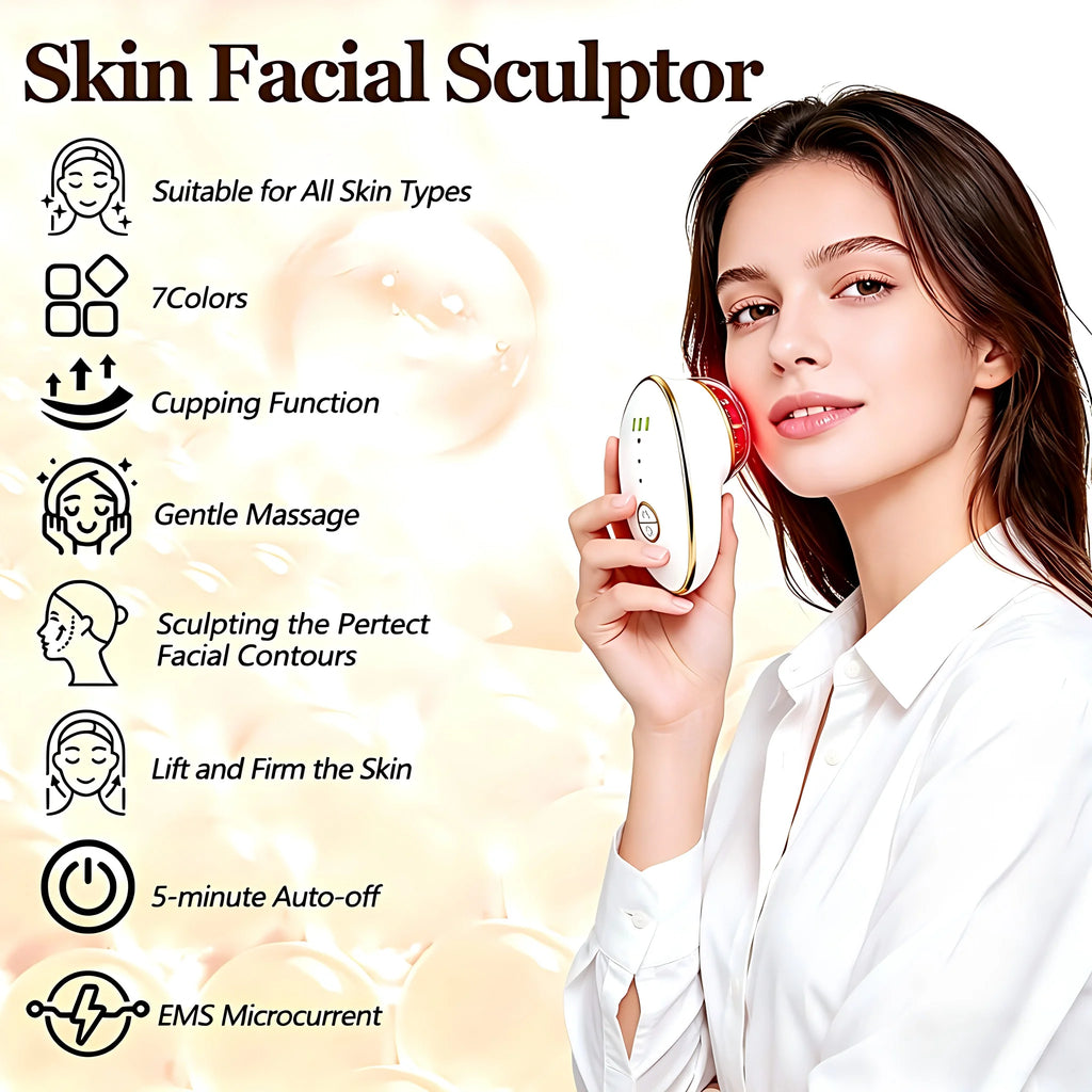 Woman using a white, handheld microcurrent facial sculpting device with red light therapy against a feature list.