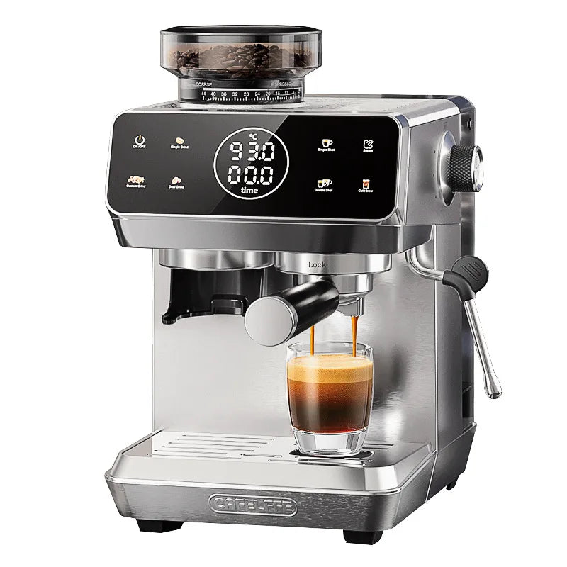 Cafelege stainless steel espresso machine with integrated grinder, digital display, and milk frothing steam wand.
