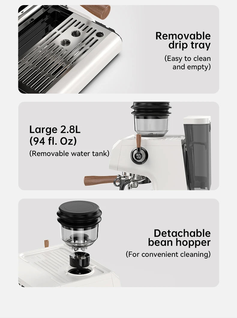 White espresso machine with 2.8L water tank, wooden handle, drip tray, and detachable bean hopper for easy cleaning.