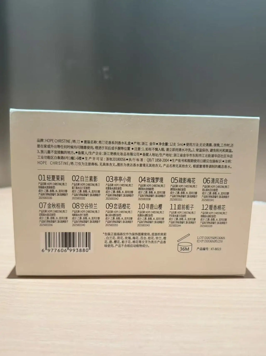 White box packaging for HOPE CHRISTINE 12-piece mini perfume gift set with detailed Chinese labels and list of scents.