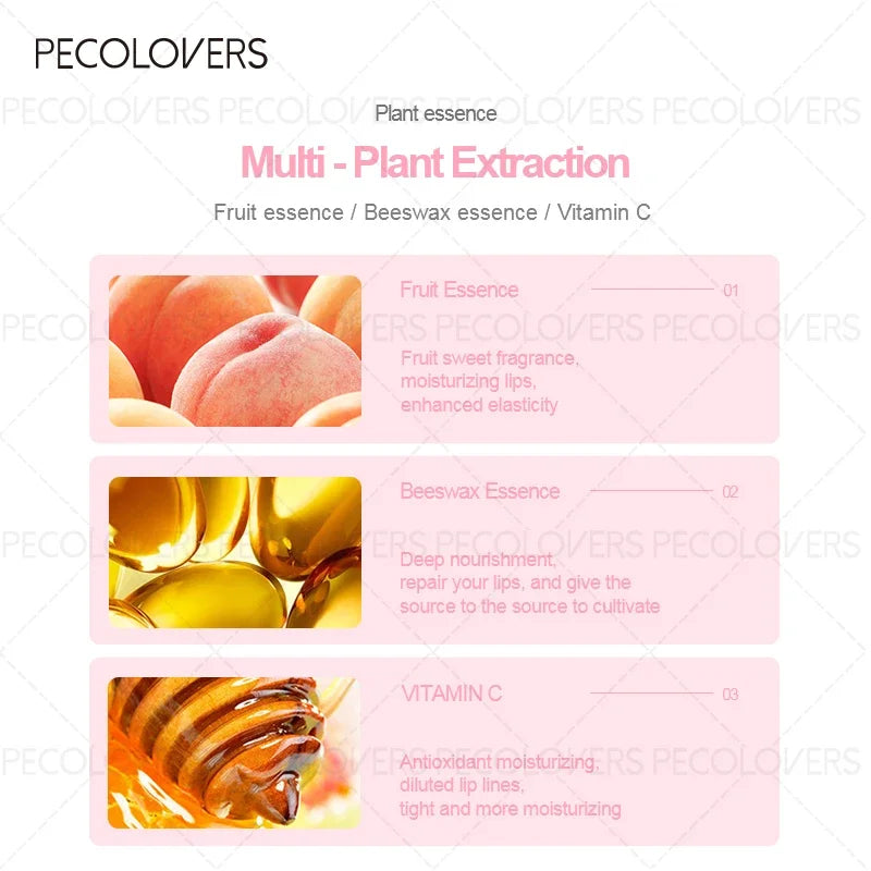 Moisturizing lip oil ingredients graphic showing peach fruit, beeswax, and vitamin C honey for plump, glossy lips.