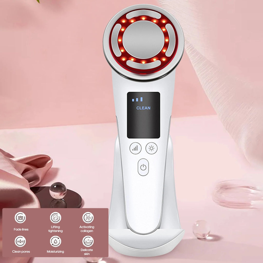 White hot and cold pulse facial beauty device with LED light therapy, EMS, vibration, and base for skin care.