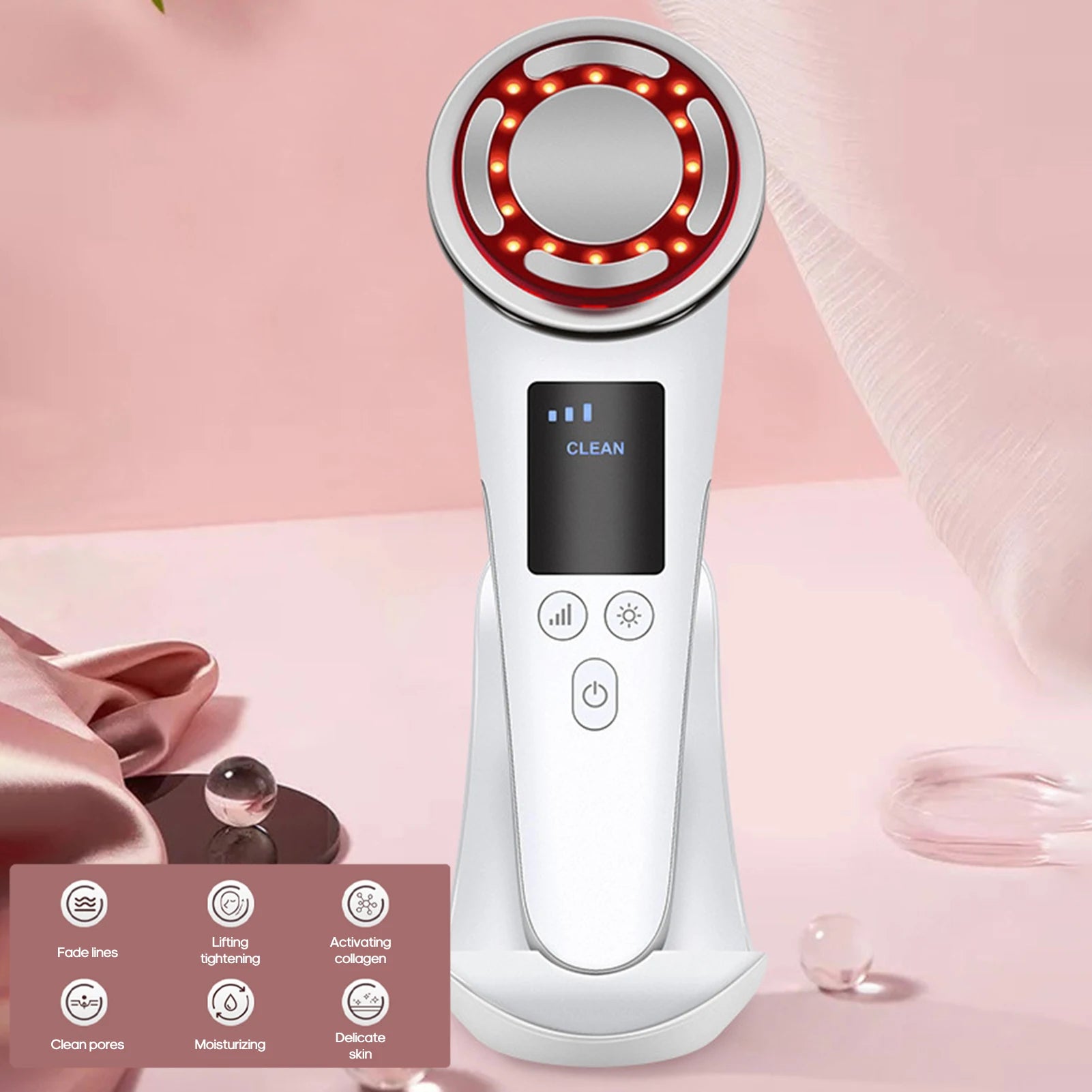 White hot and cold pulse facial beauty device with LED light therapy, EMS, vibration, and base for skin care.