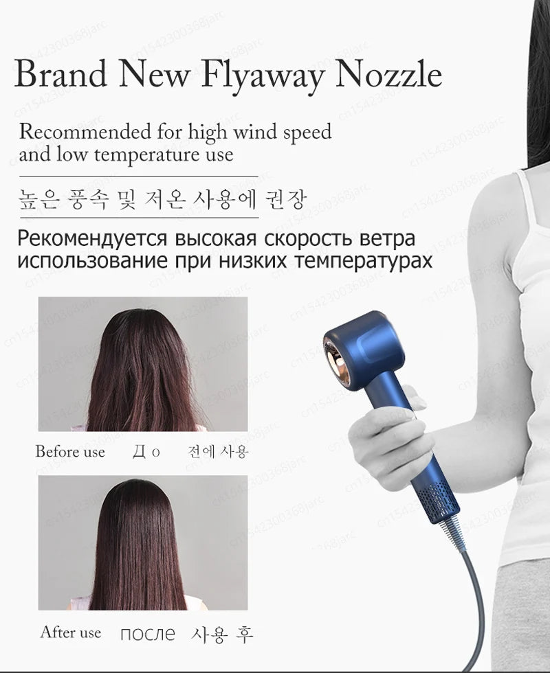 Blue leafless negative ion hair dryer with flyaway nozzle attachment for smooth, salon-style hair.