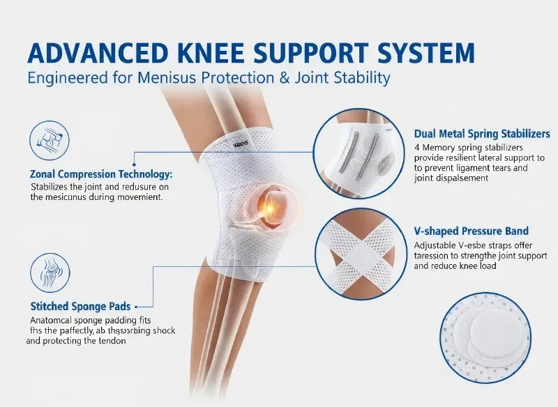 VBOSI Adjustable Breathable Knee Brace with Open Patella Compression Strap Sports Support for Running Gym Knee Pain Relief White