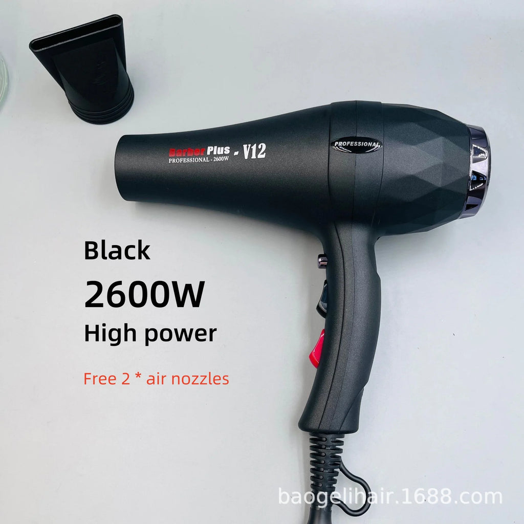 Black 2600W professional hair dryer with nozzle attachment for fast salon-quality styling and quick drying power.