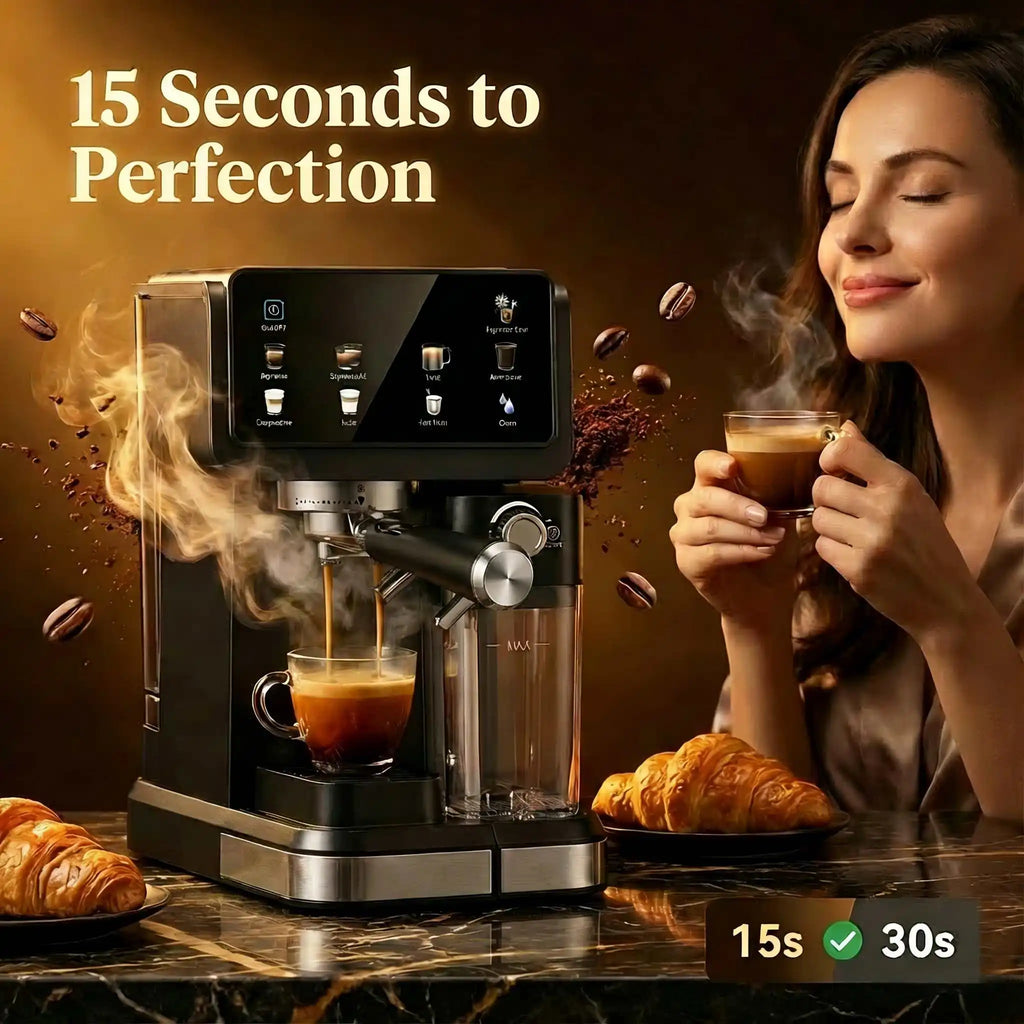 Black automatic espresso machine with touchscreen, milk frother, and glass coffee cup on a marble countertop.