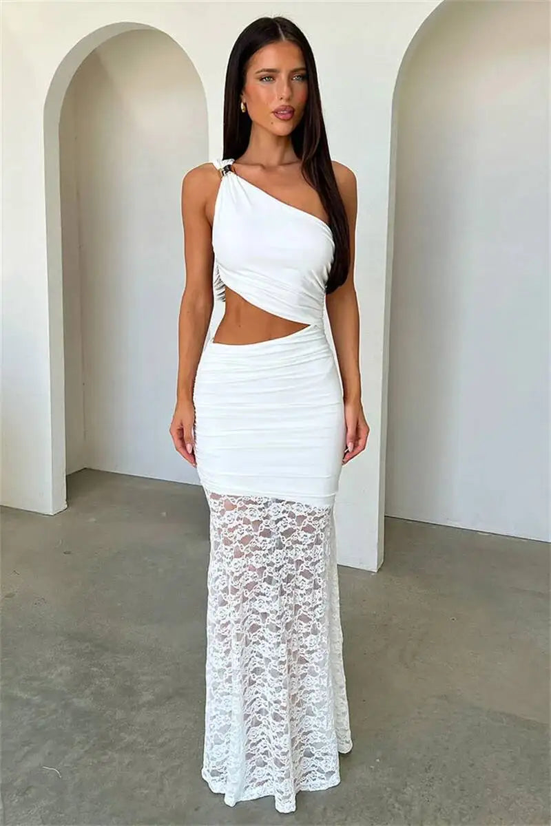 Mozision One Shoulder Cut Out Sexy Maxi Dress Women Elegant Diagonal Collar Sleeveless Lace Hem Bodycon Club Party Long Dresses