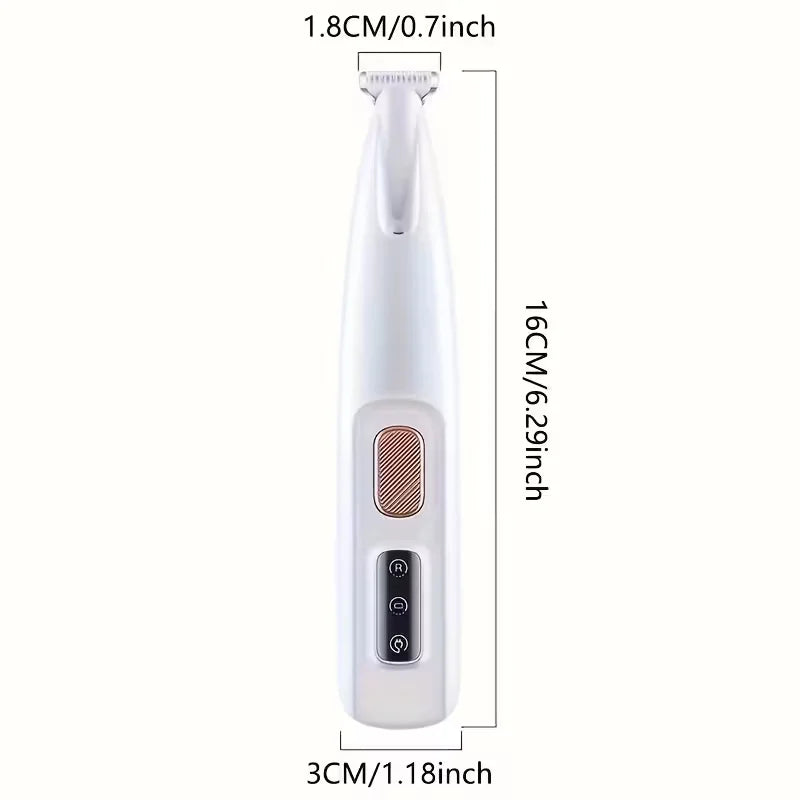 White electric pet hair trimmer for grooming cat and dog paws, face, and ears. USB rechargeable, compact precision tool.