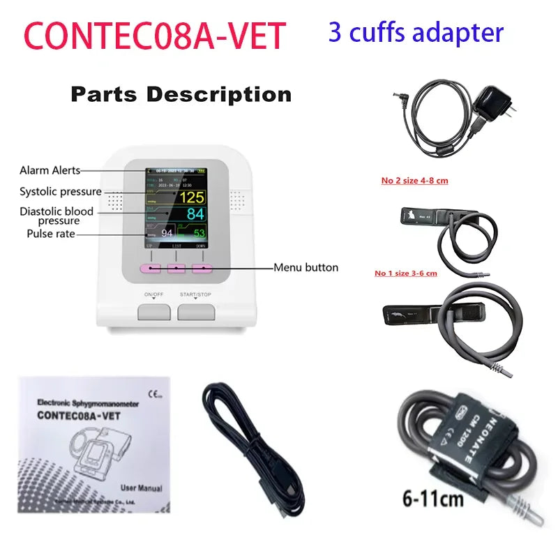 For use in cats and dogs; CONTEC08A veterinary blood pressure monitor, can be used with a blood oxygen probe if desired