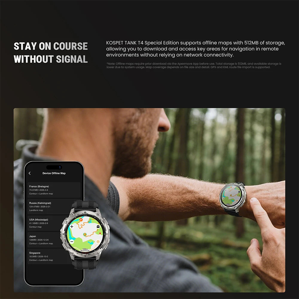 2026 New KOSPET Tank T4 SE Smart Watch for Men 6-Sat GPS Offline Maps 10ATM Waterproof Heart Rate Skiing Hiking for Android iOS