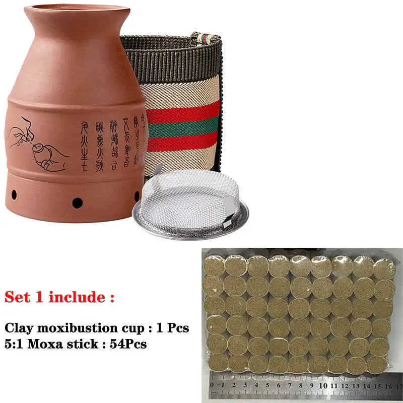 Brown ceramic moxibustion cup with patterned heat-resistant sleeve, mesh filter, and 54 small moxa stick disks.