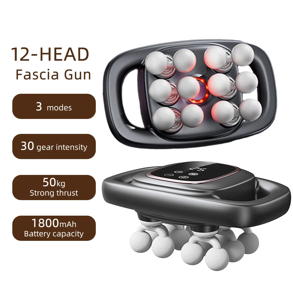 Black 12-head fascia massage gun with white rotating nodes and digital control panel for muscle recovery.