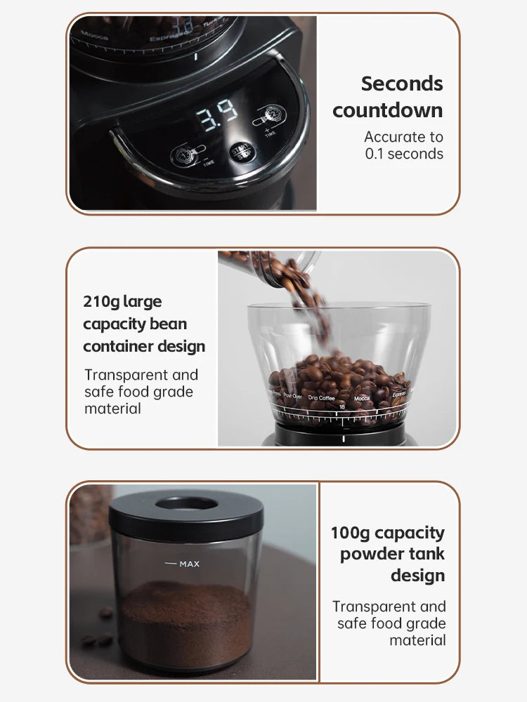 Black coffee grinder features 210g bean hopper, 100g ground coffee tank, and digital display with precision timer.