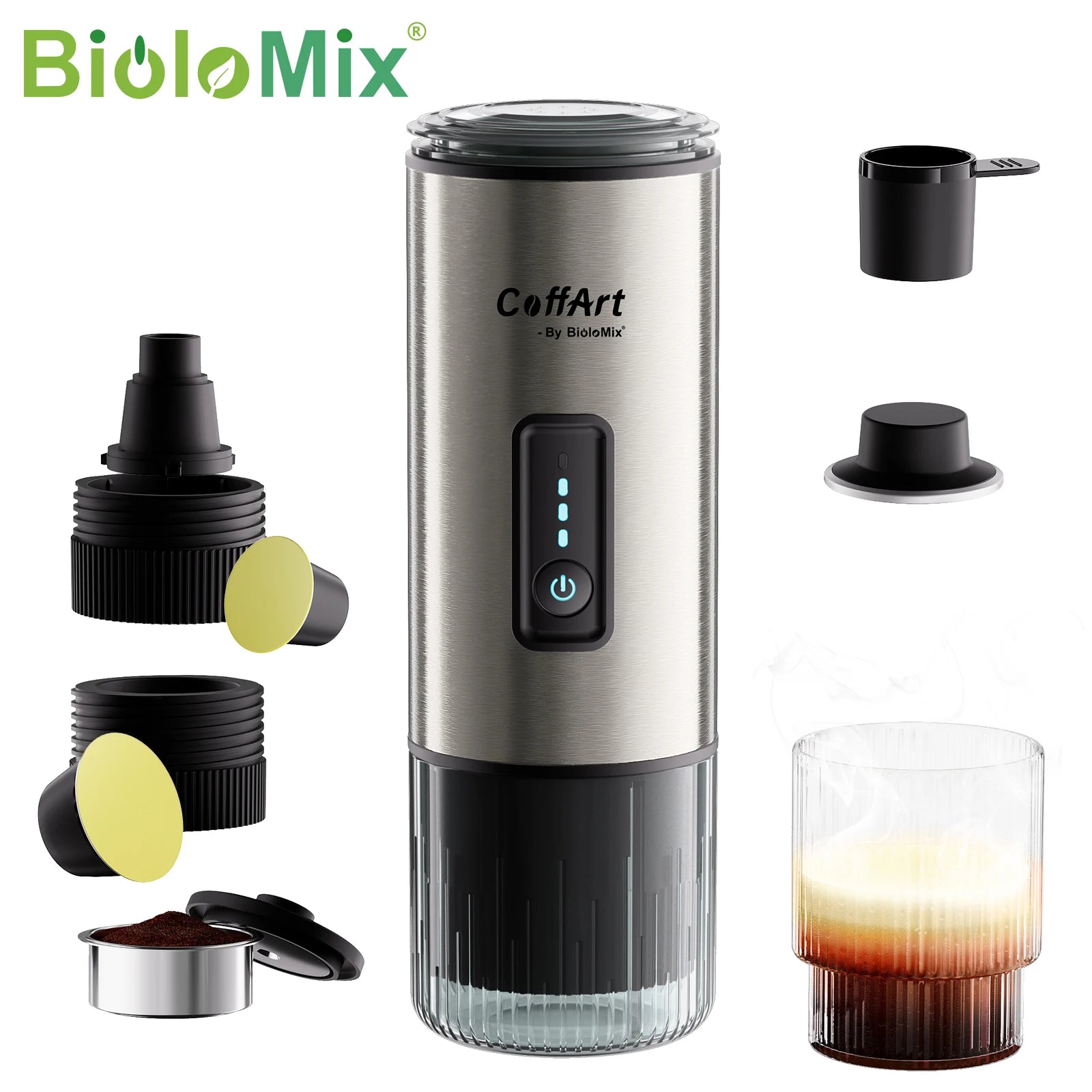 BioloMix CoffArt portable stainless steel espresso maker with accessories, capsule adapters, and glass cup.
