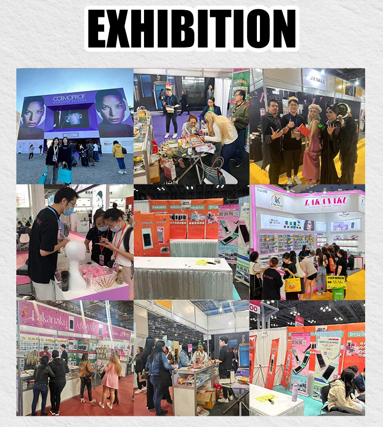 Collage of nine photos showing people interacting with beauty products at a trade show exhibition booth.