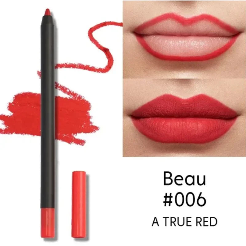 True red matte lip liner pencil with smooth, long-lasting waterproof formula shown on lips.
