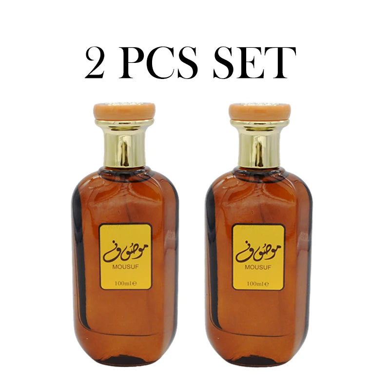 Mousuf Intense 2-piece set: 100ml unisex EDP, sweet musk Arabian perfume in iconic brown glass bottles with gold caps.