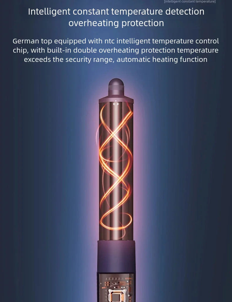 Purple 6-in-1 hair styler attachment with glowing NTC temperature control tech for safe, fast-drying hair styling.