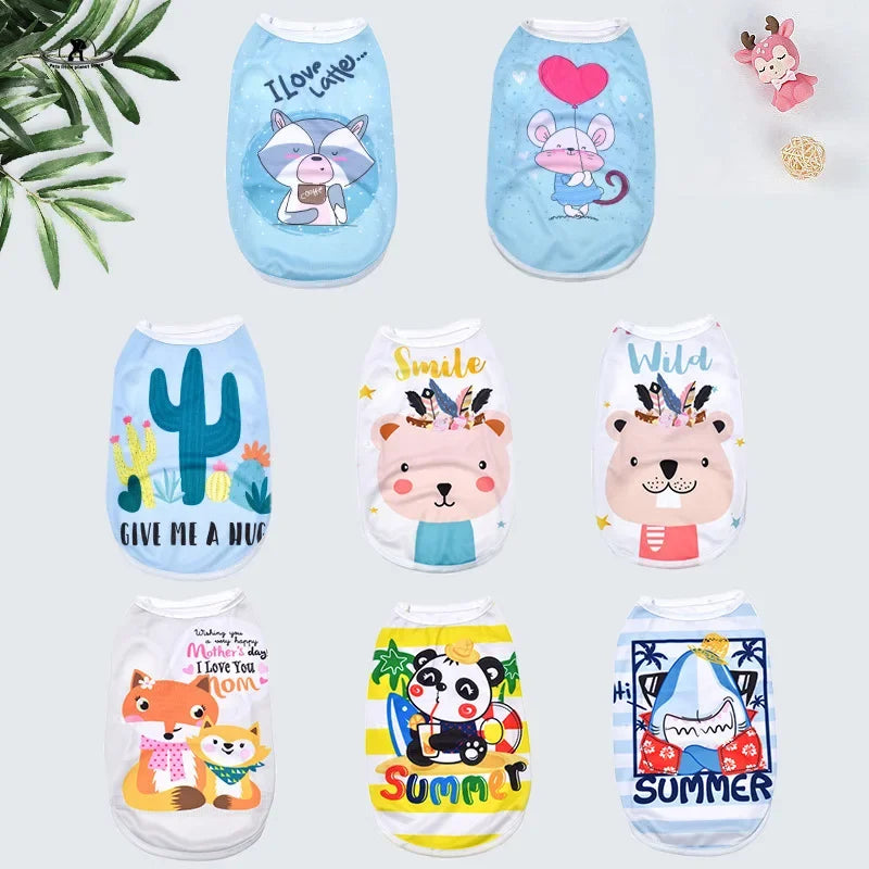 Cute cartoon summer pet vest shirts for small dogs and cats. Breathable soft apparel for Chihuahuas and Yorkies.