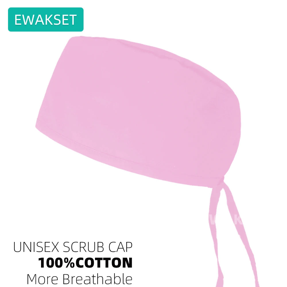 Adjustable light pink cotton unisex scrub cap for vet, dental, and medical workers with breathable sweatband.