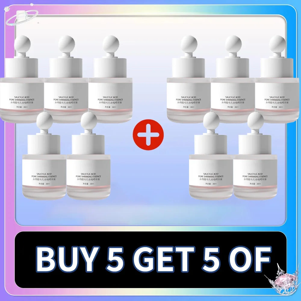 Salicylic Acid pore shrinking essence serum set in dropper glass bottles for smooth skin. Anti-acne facial skincare.