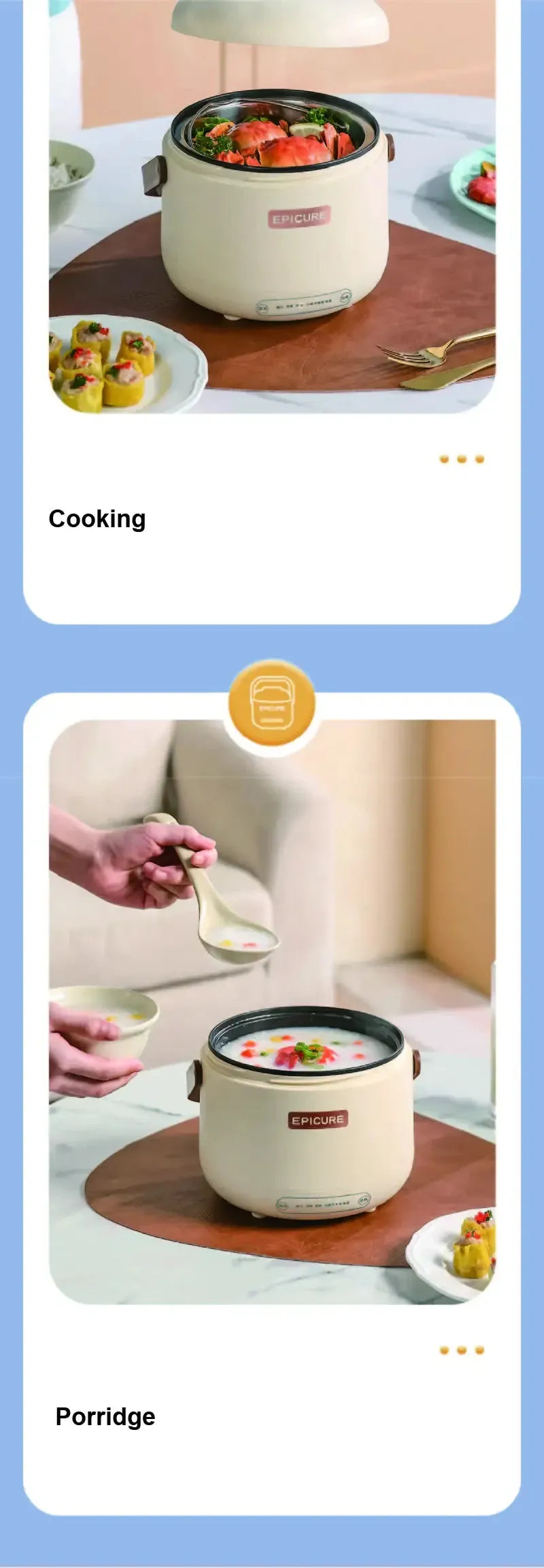 Electric cooking pot with lid open, food cooking inside, cream body