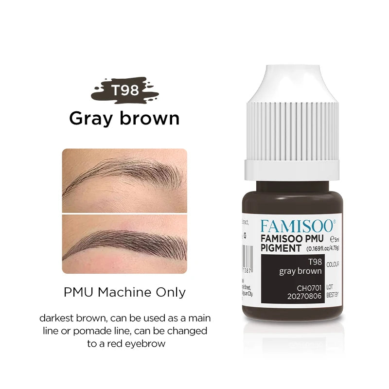 T98 gray brown PMU pigment in a small 5ml plastic squeeze bottle for microblading and machine eyebrow tattooing.