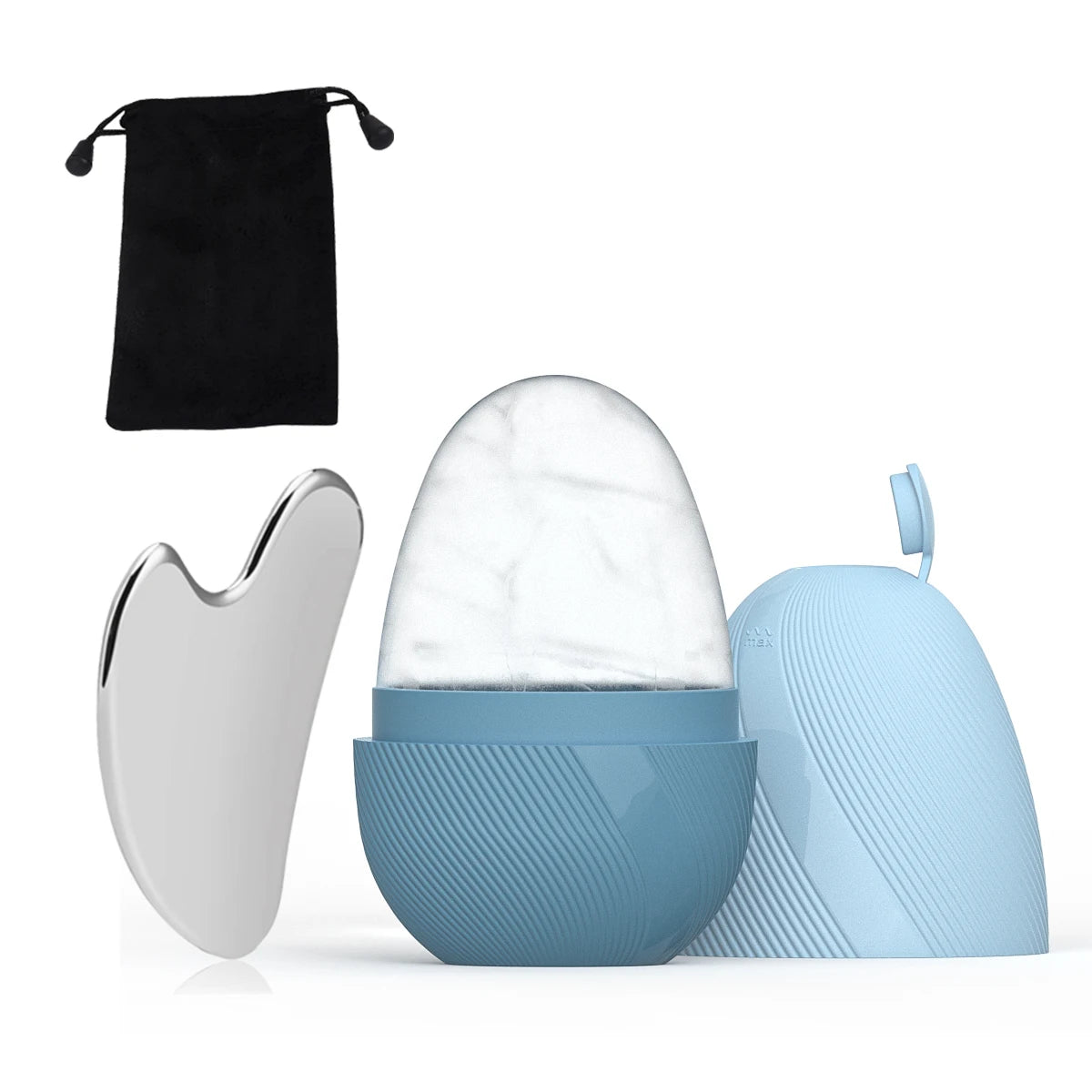A blue ice face roller, a silver stainless steel gua sha tool, and a black drawstring storage pouch.
