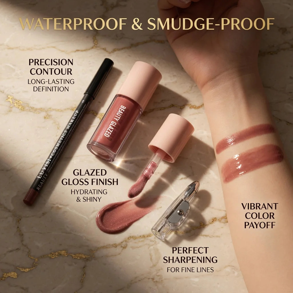 3pc Daily Lip Beauty Set: smudge-proof lip liner, hydrating mauve lip gloss, and pencil sharpener with arm swatches.