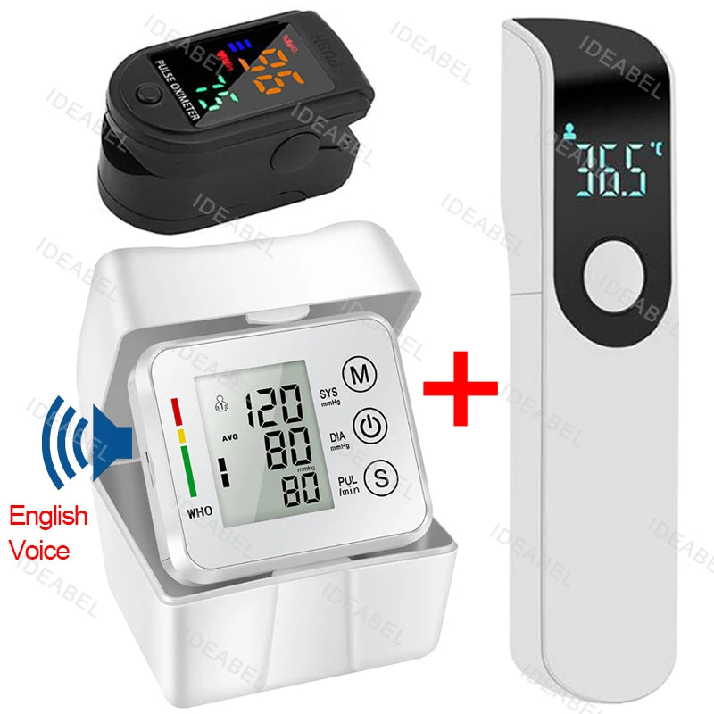 Wrist Blood Pressure Monitor LED English Voice Broadcast Tonometer BP Monitor Non Contact Infrared Medical Thermometer