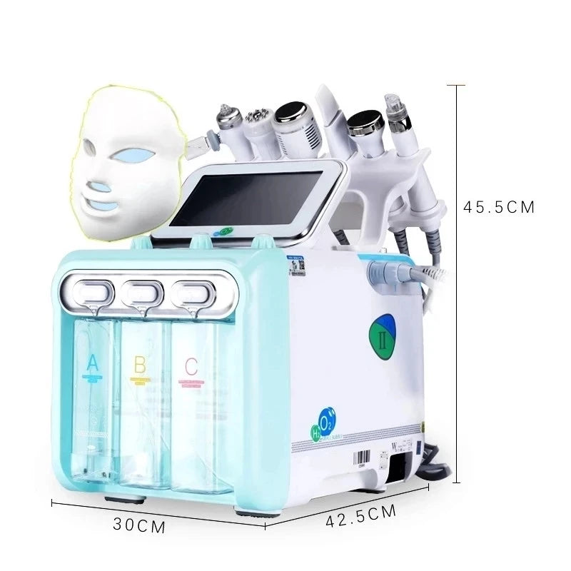 7-in-1 professional hydro facial machine with LED mask, oxygen spray, and RF skin lifting probes for deep cleansing.
