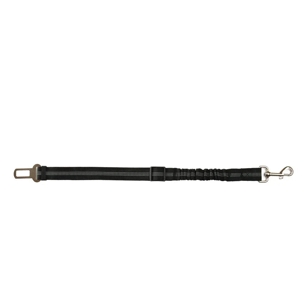 Adjustable black reflective dog car seat belt with elastic buffer for safe travel for small to large dogs.