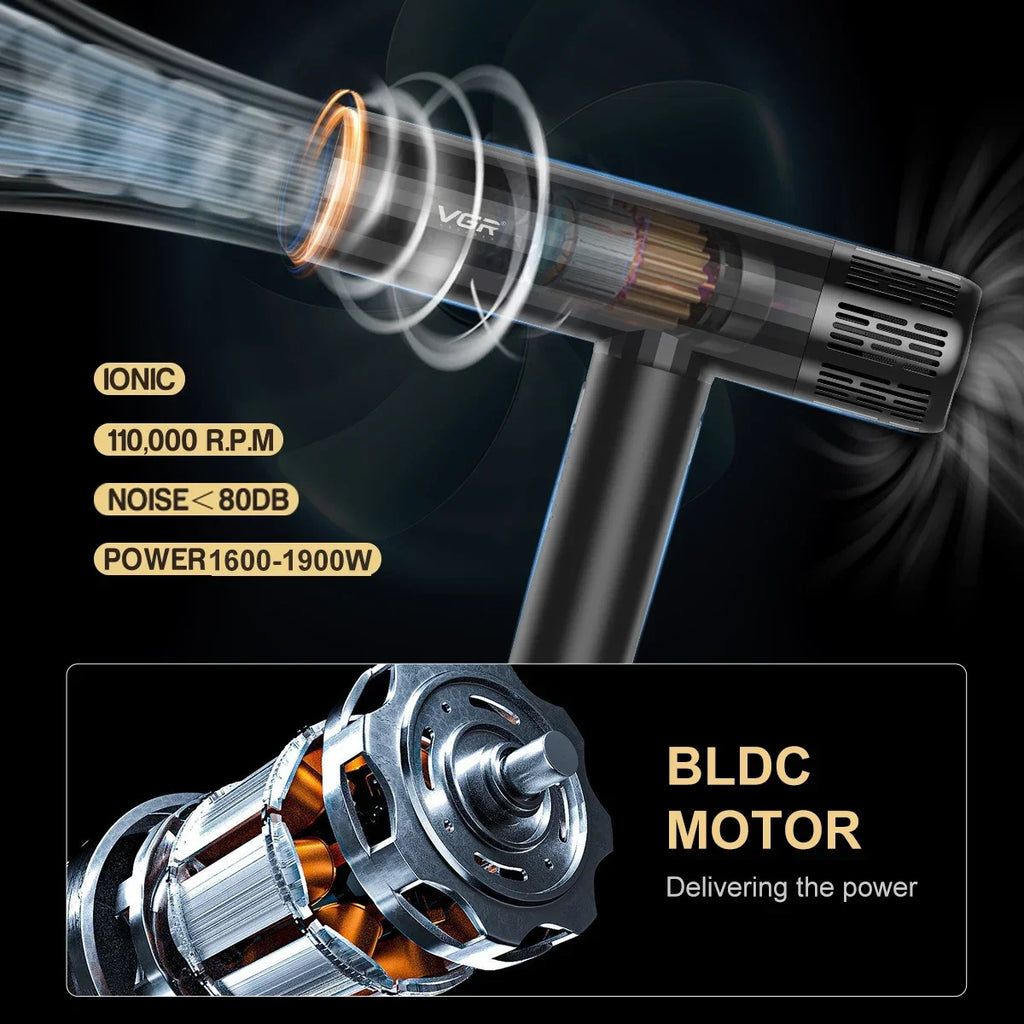 VGR V-427 black professional hair dryer with 110,000 RPM brushless motor, ionic technology, and high-power airflow.