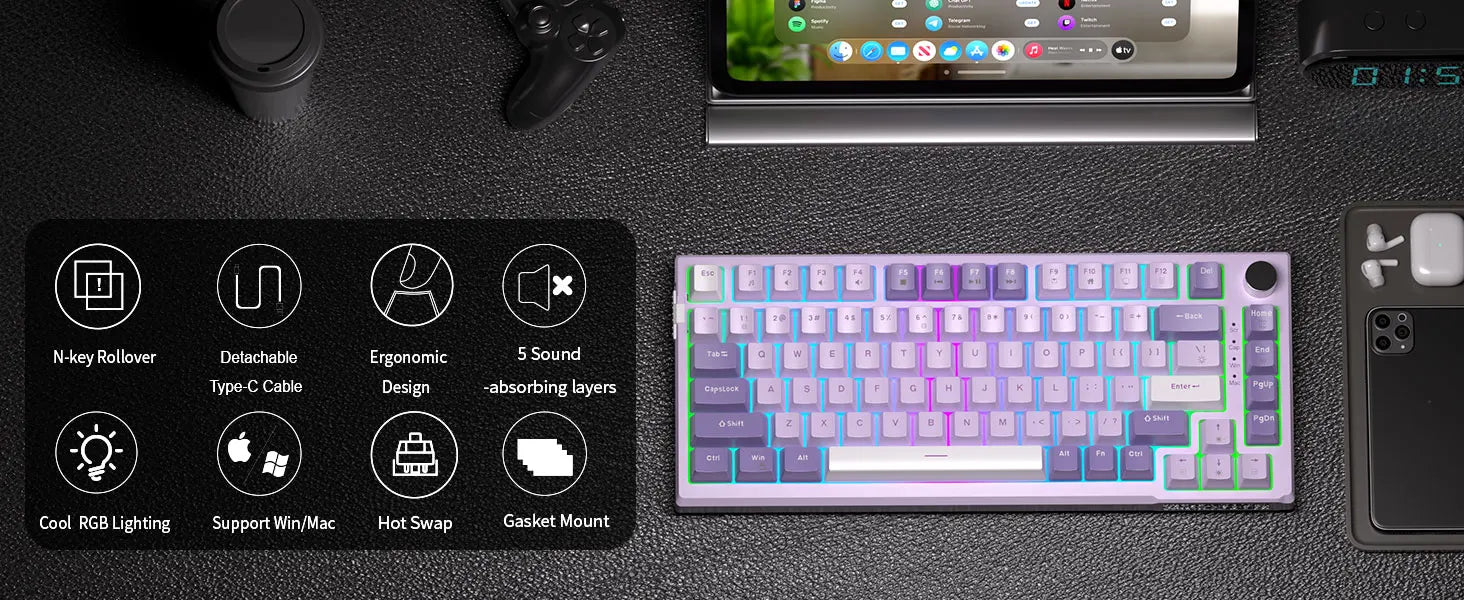 MageGee SKY81 75% Mechanical Gaming Keyboard, RGB Gasket Hot Swappable Wired Custom Creamy Sound Dampening Keyboard with Knob