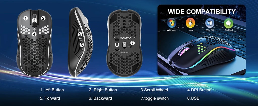 2.4G Wireless Mouse Lightweight Honeycomb Design Rechargeable RGB Backlight Mouse with USB Receiver Adjustable DPI