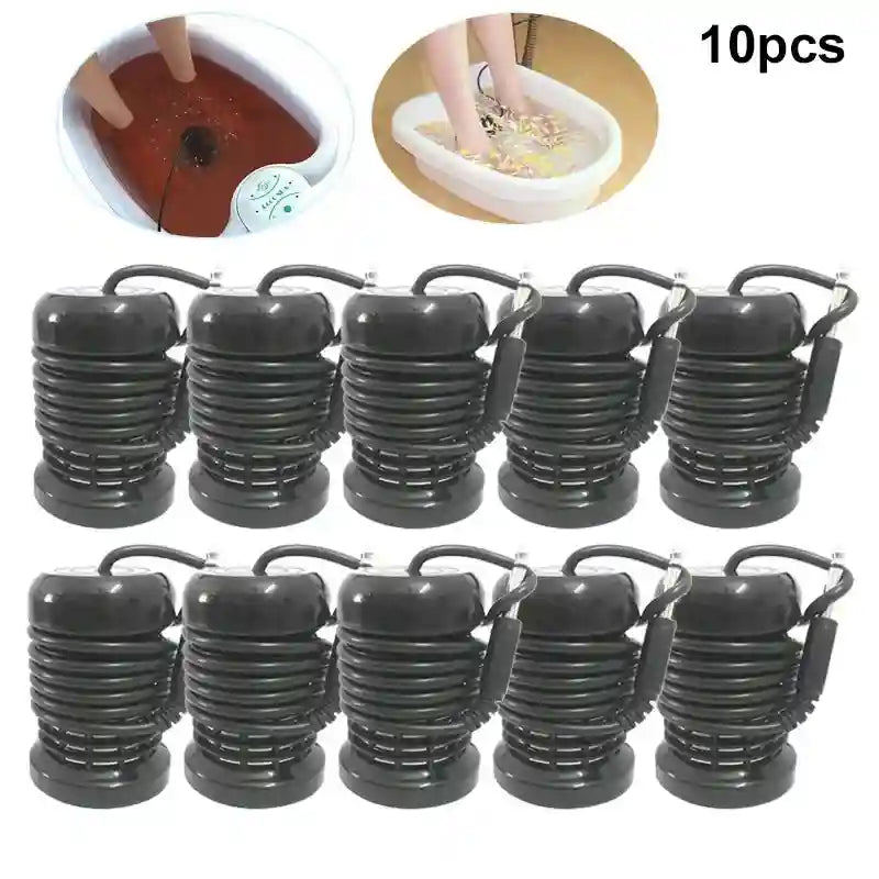 10pcs black ionic detox foot bath array heads for spa spa machines, shown with feet in a water basin for relaxation.