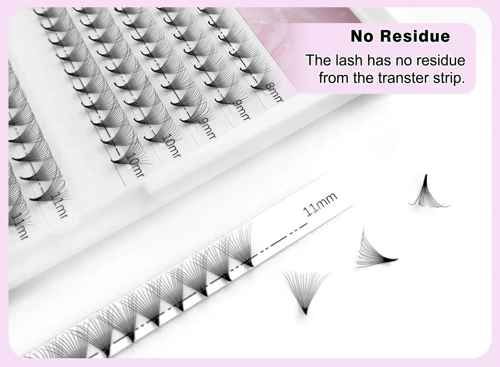 Black pre-made volume eyelash fan extensions on adhesive strips, ranging from 8mm to 11mm for professional application.